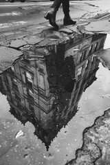 Urban Reflection: A Black and White Image of Puddles Reflecting Historic Architecture with a Walker, Capturing the Mood of City Streets After Rain