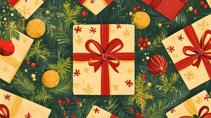Fototapeta premium A stack of beautifully wrapped Christmas gift boxes in festive colors with golden ribbons and bows, perfect for celebrating the holiday season