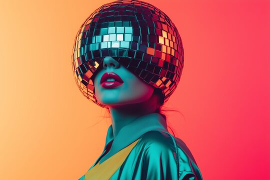 Stylish woman in a disco ball helmet against a vibrant gradient background, combining retro and futuristic fashion aesthetics.