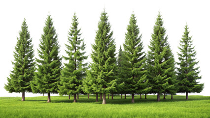 Rendering of Front View of Pine Trees on a Grass Field on a White Background