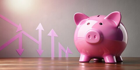 Pink Piggy Bank with Arrows Indicating Financial Choices - Savings, Investment, Budgeting