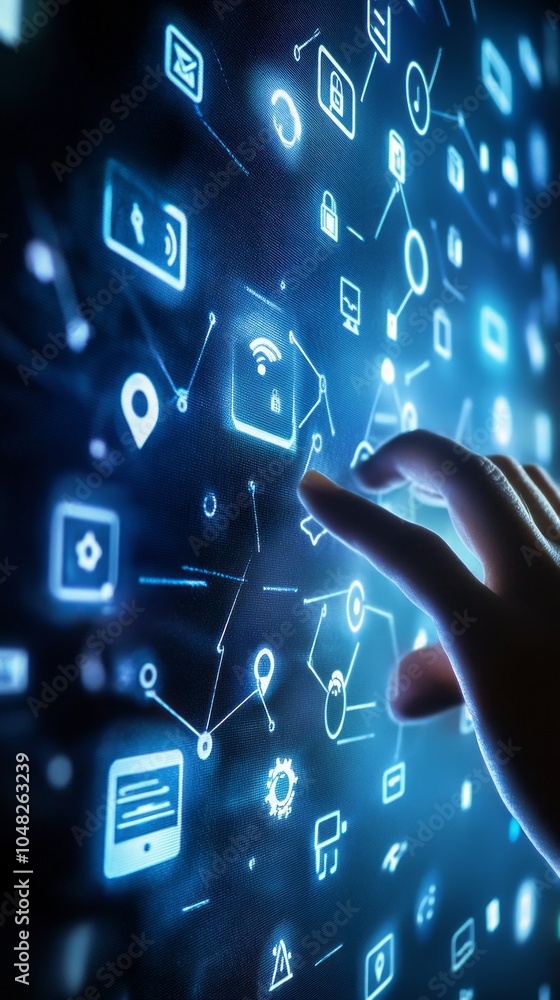 Poster a hand is touching a screen with a lot of icons on it