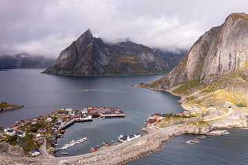 Obraz premium The Lofoten Islands Henningsvaer, Hamnøy, Reine at Norway seen from above.