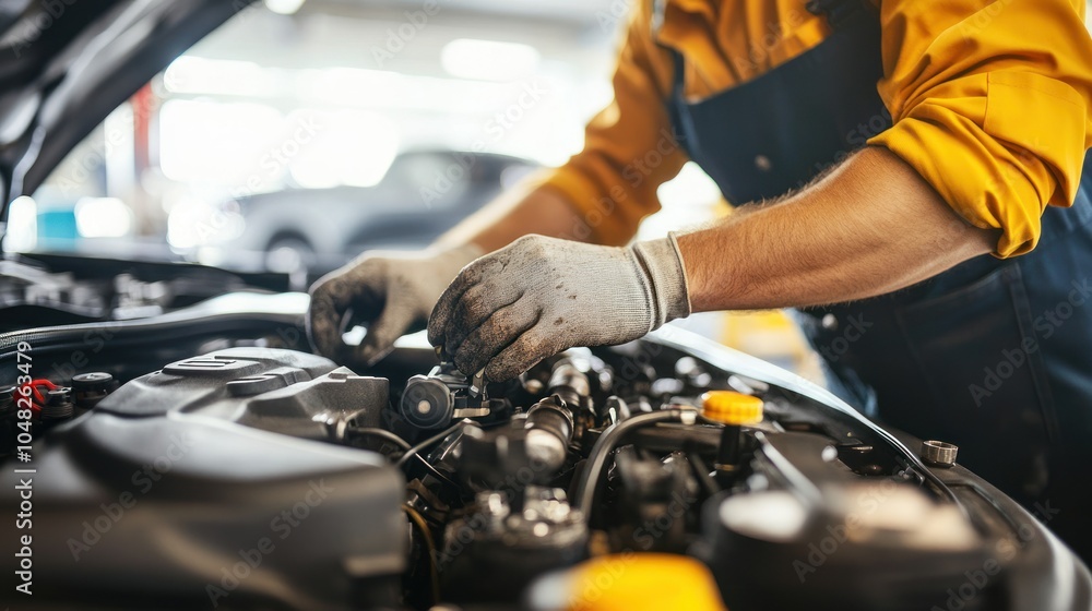 Poster mechanic working on a car engine in a garage