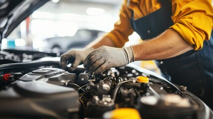 Mechanic Working on a Car Engine in a Garage
