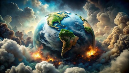 Fototapeta premium Pollution Impact on Earth: Panoramic View of Globe with Ozone Layer Damage and Gases