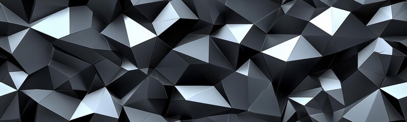 Fototapeta premium Seamless 3d render, abstract black crystal background, faceted texture, macro panorama, wide panoramic polygonal wallpaper , isolated on white background, , copy space for text,