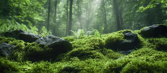 Sun Rays Filtering Through Trees in Mossy Forest