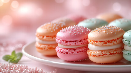 A Close-Up of Colorful Macarons Artistically Arranged on an Elegant White Plate. These Delicate French Pastries in Vibrant Hues Offer a Tempting Treat, Perfect for Celebrations or Afternoon Tea. A Vis