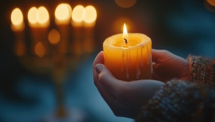 A warm candlelight glow in a serene setting, depicting a person holding a lit yellow candle with soft bokeh lights in the background, symbolizing peace and tranquility.