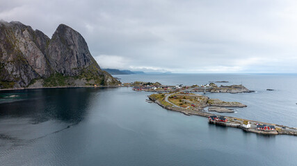 The Lofoten Islands Henningsvaer, Hamnøy, Reine at Norway seen from above.