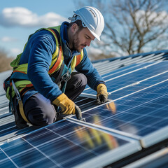 A in a safety harness working on installing or fixing solar panels on a rooftop, with the sun shining and a focus