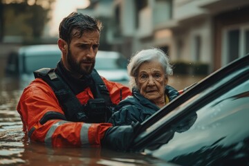 Rescue worker aiding elderly woman during flood