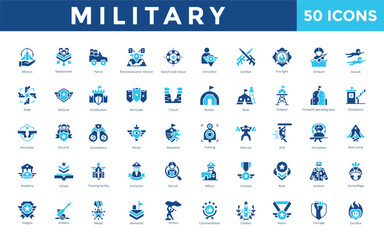 Military icon set with mission, deployment, patrol, reconnaissance mission, search and rescue, extraction, combat, fire fight, ambush, assault icon. Simple flat vector 
