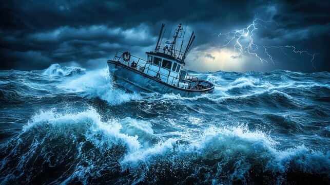 A boat is in the middle of a rough sea with a storm in the background