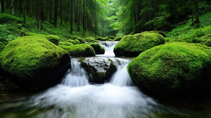 Obraz premium Serene waterfall surrounded by vibrant mosscovered rocks in a deep forest, forest waterfall, hidden natural wonder