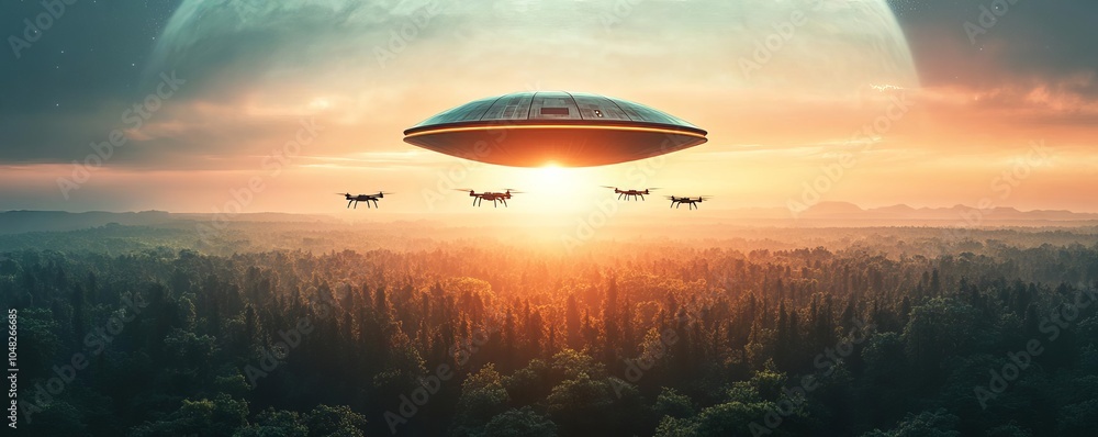 Wall mural alien spaceship hovering above a forest-covered planet, scouting drones being deployed, planetary su