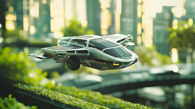 A close-up of a futuristic solar-powered flying taxi in futuristic city. Flying Car - Powered by Adobe