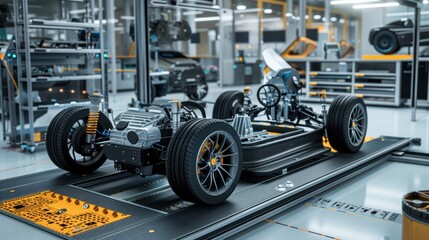 Fototapeta premium Car Chassis on Conveyor Belt in Automotive Factory