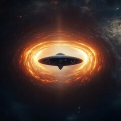 Obraz premium Alien spaceship performing an interdimensional jump, glowing rifts in space surrounding the vessel