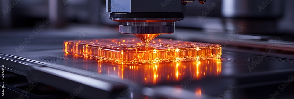 Leinwandbilder A close-up view of a sophisticated laser cutting machine in action at a modern,high-tech industrial production facility. The machine is precisely cutting through metal using a powerful.