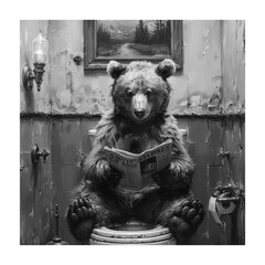 Whimsical Scene: Bear in Bathroom Reading a Magazine, Surrounded by Vintage Decor and Rustic Charm, Black and White Photography