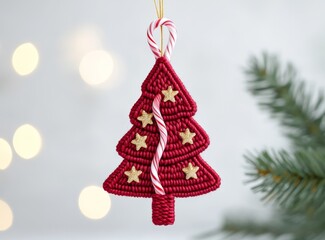 Macrame Red Christmas Tree Ornament on a White Background