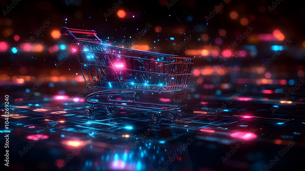 Poster a surreal and futuristic digital depicting a glowing neon-lit shopping cart floating in a vibrant,pu