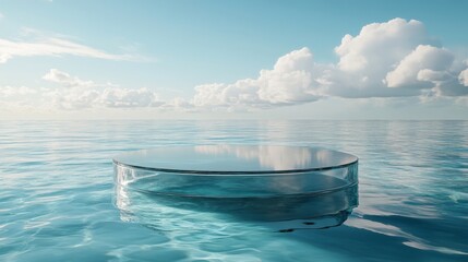 Fototapeta premium 3D Rendering of a Floating Glass Podium on Water with Blue Sky Background