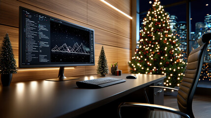 modern workspace featuring computer monitor displaying winter landscape, with Christmas tree adorned with lights in background, creating festive atmosphere