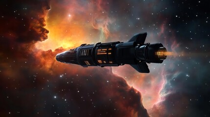 Obraz premium Giant spaceship traveling through a nebula, multicolored cosmic clouds swirling around, sci-fi exploration simulation