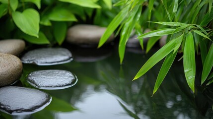 Obraz premium Small pond in a bamboo forest, creating a peaceful and reflective environment, bamboo forest pond, tranquility in the wilderness