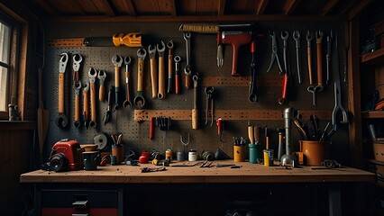 set of tools, garage tools, working bench with equipment on the wall