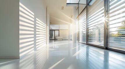 Fototapeta premium A spacious futuristic home with smart blinds partially open, letting in natural light over a sleek, minimalist interior 