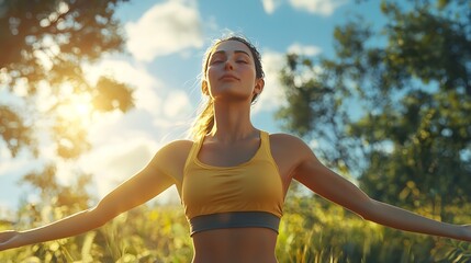 A woman attending a wellness retreat, participating in outdoor yoga sessions