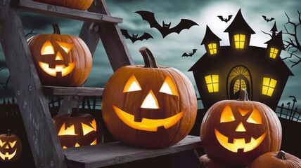A spooky Halloween scene with pumpkins and bats