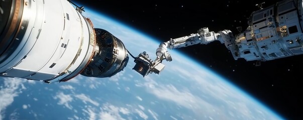Spaceship docking at an orbital repair station, robotic arms extending to perform upgrades, space industry simulation