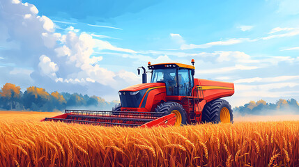 Obraz premium Smart farming machinery with GPS control harvesting crops in a vast field under a clear sky
