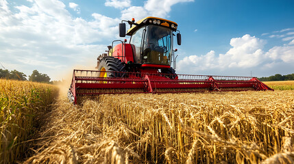Fototapeta premium Smart farming machinery with GPS control harvesting crops in a vast field under a clear sky