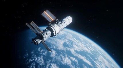 Obraz premium Spaceship in orbit around a colossal space station, crew preparing to dock, sci-fi space industry simulation