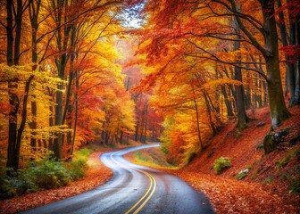 Scenic Autumn Road Through Enchanted Forest with Vibrant Foliage and Open Space for Text Overlay