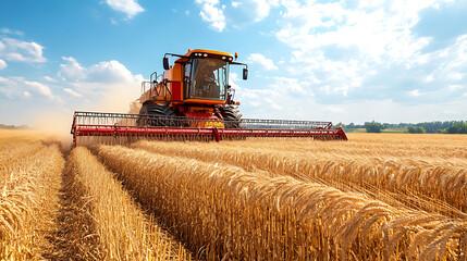 Obraz premium Smart farming machinery with GPS control harvesting crops in a vast field under a clear sky