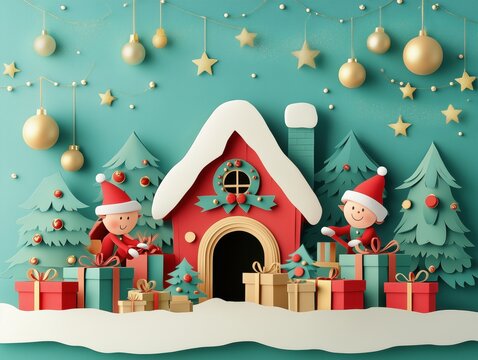Festive holiday scene featuring a charming gingerbread house surrounded by playful elves, Christmas trees, and colorful gifts against a cheerful turquoise background.