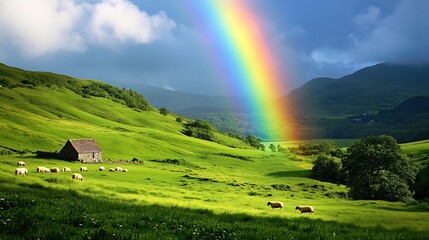 Fototapeta premium A peaceful countryside scene with rolling green hills, grazing sheep, a small stone cottage, and a rainbow arcing across the sky after a light rain 