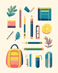 Clipart flat art style icon of travel essentials, including a passport, sunglasses, a boarding pass, and a small camera, in pastel tones