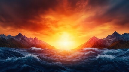 Sunlight breaking through clouds, illuminating a pristine mountain river with rapid currents, mountain river, power and beauty