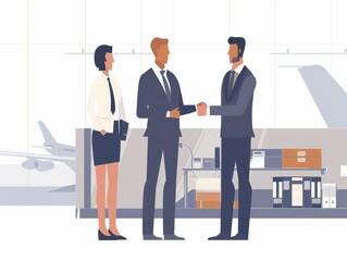 Illustration of business people stand beside a shopping center discussing work during a meeting in a business. People are working in the shopping mall. Shopping mall in background.