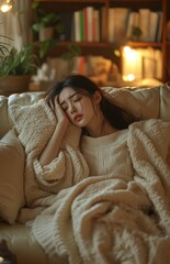 A woman on a sofa with pain and medicine