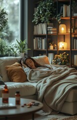 A woman on a sofa with pain and medicine