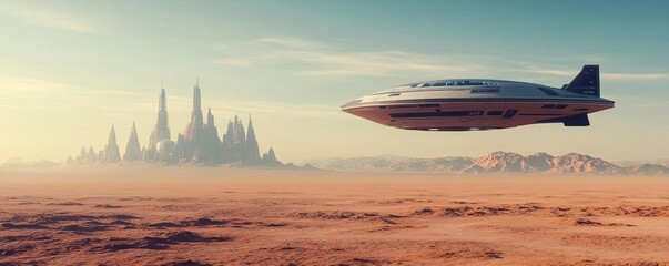 Naklejka premium Spaceship simulating a landing on an alien desert planet, futuristic structures on the horizon